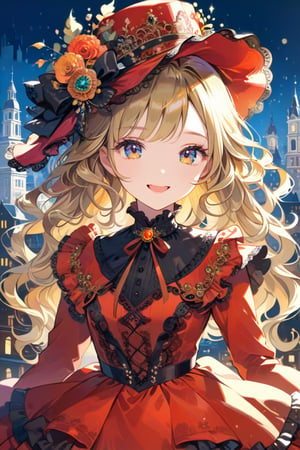 Very beautiful girl with a very ornated victorian red dress, sumptuous hat, masterpiece, illustration, extremely detailed, beautiful detailed eyes, beautiful detailed mouth, warmly smile, golden hair, (bright colors:1.4), city on background 