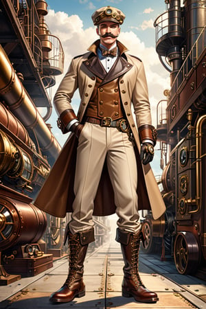 Industrial steampunk mechanic man, perfectly detailed face, moustache,  (cap:0.8), steampunk beige leather double-breasted jacket, beige tweed fabric puffed trousers, (leather laced boots:0.8), intricately detailed brass accessories. Masterpiece, illustration, extremely detailed, cinematic pose, industrial background