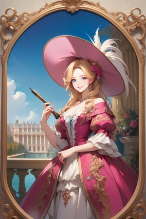 Very beautiful girl wearing a sumptuous fuchsia and pale orange dress, wide brimmed hat, illustration, detailed, beautiful detailed blue eyes, (beautiful detailed face:1.2), blonde hair, warmly smile, she is showing a painting of hers, Versailles background. Rococo oil paint