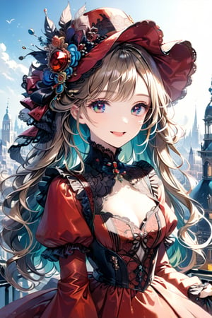 Very beautiful girl with a very ornated victorian bright red dress, sumptuous hat, masterpiece, illustration, extremely detailed, beautiful detailed eyes, beautiful detailed mouth, warmly smile, (bright colors:1.4), city on background 