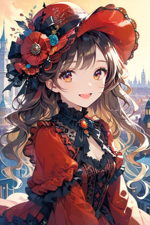 Very beautiful girl with a very ornated victorian bright red dress, sumptuous hat, masterpiece, illustration, extremely detailed, beautiful detailed eyes, beautiful detailed mouth, warmly smile, (bright colors:1.4), city on background 