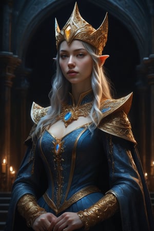 3D artwork, upper body shot represesenting a mighty female young caracter. High elven hat shaped as a white seashell, mantle, shining gold jewels and silver chains. (Majestic pose:1.4), (hieratic expression:1.6), emerging from the darkness in the style of Rembrandt. The caracter wears a blue large luxury dress. The character is illuminated from the side by a dark golden light. Marine vibes. Vibrant colors. The background is a black gothic cathedral interior dimly lit by moonlight. UHD, high resolution, 8k.