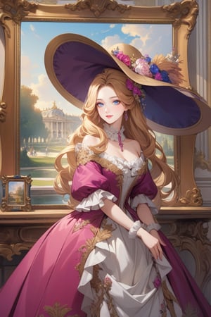 Very beautiful girl wearing a sumptuous fuchsia and pale orange dress, wide brimmed hat, illustration, detailed, beautiful detailed blue eyes, (beautiful detailed face:1.2), blonde hair, warmly smile, she is showing a painting of hers, Versailles background. Rococo oil paint