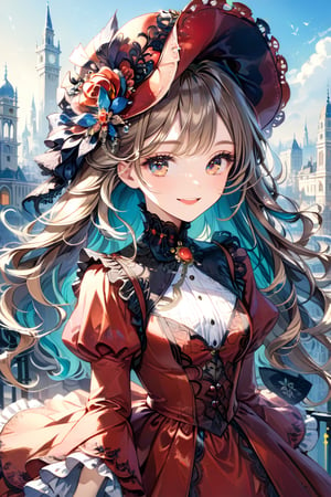 Very beautiful girl with a very ornated victorian bright red dress, sumptuous hat, masterpiece, illustration, extremely detailed, beautiful detailed eyes, beautiful detailed mouth, warmly smile, (bright colors:1.4), city on background 