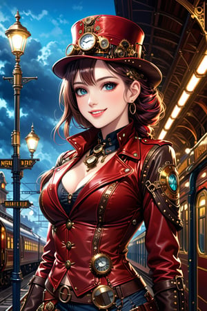 Very beautiful girl with a steampunk leather jacket, red waistcoat and hat, intricately detailed brass accessories. Masterpiece, illustration, extremely detailed, beautiful detailed eyes, beautiful detailed mouth, warmly smile, bright colors, dark light, railway station on background 