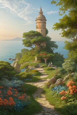 A fantastic greenery ancient garden with plant sculptures, ancient small tower and bright colored flowers. A masterpiece painted by Claude Lorrain and Jean-Honoré Fragonard, highly detailed leaves, (surreal:1.4) atmosphere, romantic landscape,island