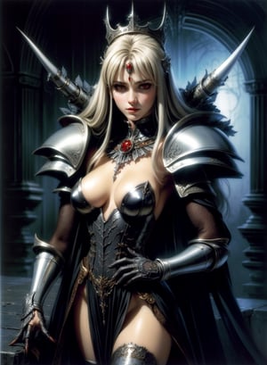 A vampire queen by Luis Royo, intricately ornated shining and bright silver armor