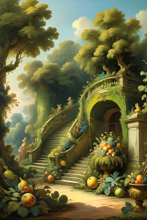 A mystical greenery garden, masterful whimsical topiary sculptures, baroque style vases, fruits, flowers, esotic birds, (multiple fantastic spirals of branches and leaves:1.6), dreamy atmosphere, golden vibes, romantic landscape. Masterpiece, rococo style, painted by Jean-Honoré Fragonard