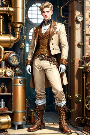 Industrial steampunk mechanic boy, perfectly detailed face, steampunk beige leather double-breasted jacket, beige tweed fabric puffed trousers, leather laced boots, intricately detailed brass accessories. Masterpiece, illustration, extremely detailed, industrial background
