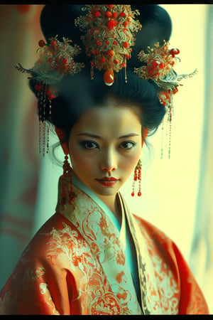 Dappled Light, photo portrait of a character, intricate pencil sketch mugshot of a chinese empress with the most sumptuous wedding hanfu dress:: Tom Bagshaw, Zdzislaw Beksinski, Yoshitaka Amano, Raffaello Ossola, Martin Wittfooth, Luigi Spano, Vladimir Kush :: stunning interpretive visual,, colorful, realistic eyes, dreamy magical atmosphere, (film grain), (warm hue, warm tone),  cinematic light, side lighting,