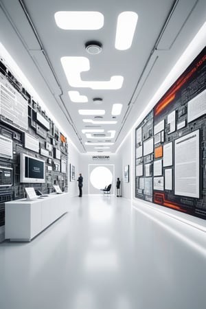 Wide view of a futuristic museal room with some artworks representing graphics and concept maps with text displayed on the white walls. Futuristic museum. Bright colors, close shot. ,dvr-txt,artint