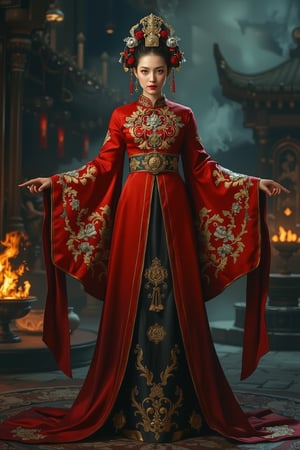 Full body shot of a character standing in majestic pose, representation of a (very tall:1.3) fantasy chinese empress with the most sumptuous wedding hanfu dress made of (red:1.4) silk and richly embroidered with gold and silver threads, (wide sleeves:1.2), intricately carved golden badges and tassels, golden line, dark gothic cathedral background, fire and flame and clouds of smoke. Art by Yoshitaka Amano, Zhong Fenghua, stunning interpretive visual, gothic regal, colorful, realistic eyes, dreamy magical atmosphere, (film grain), (warm hue, warm tone), cinematic light, side lightings, Midjourneyart