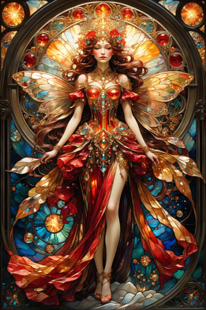 Full body red and gold dressed fairy, magical fantasy art is done in oil paint and liquid chrome, liquid rainbow, best quality, golden line, fairytale, patchwork, (stained glass:1.2), storybook detailed illustration, cinematic, ultra highly detailed, tiny details, beautiful details, mystical, luminism, vibrant colors, complex background, resolution hyperdetailed intricate liminal eerie precisionism, intricate background, (dark luminescent:1.2) art by Alphonse Mucha, Kinuko Y Craft, crystalz