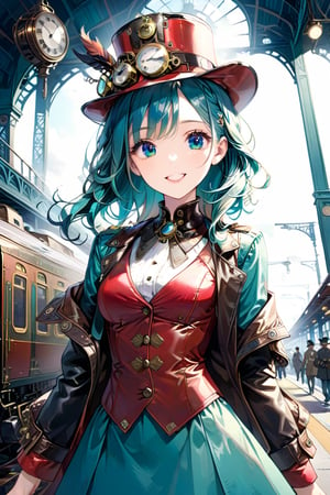 Very beautiful girl with a steampunk teal leather jacket, red waistcoat and hat, intricately detailed brass accessories. Masterpiece, illustration, extremely detailed, beautiful detailed eyes, beautiful detailed mouth, warmly smile, bright colors, railway station on background 