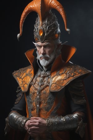 3D artwork, upper body shot of a caracter represesenting an harlequin mighty man. High elven hat shaped as a seashell, orange mantle, shining gold jewels and silver chains. (Majestic pose:1.4), (hieratic expression:1.6), emerging from the darkness in the style of Rembrandt. The caracter wears a white and orange large luxury suit. The character is illuminated from the side by a dark golden light. Vibrant colors. The background is a black gothic cathedral interior dimly lit by moonlight. UHD, high resolution, 8k.