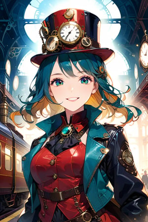 Very beautiful girl with a steampunk teal leather jacket, red waistcoat and hat, intricately detailed brass accessories. Masterpiece, illustration, extremely detailed, beautiful detailed eyes, beautiful detailed mouth, warmly smile, bright colors, dark light, railway station on background 