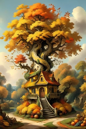 A mystical autumnal garden with a treehouse in the center, masterful whimsical topiary sculptures, baroque style vases, yellow, orange and red leaves, esotic birds, (multiple fantastic spirals of branches and leaves:1.9), dreamy atmosphere, golden vibes, romantic landscape. Masterpiece, rococo style, painted by Jean-Honoré Fragonard and Jan Bruegel