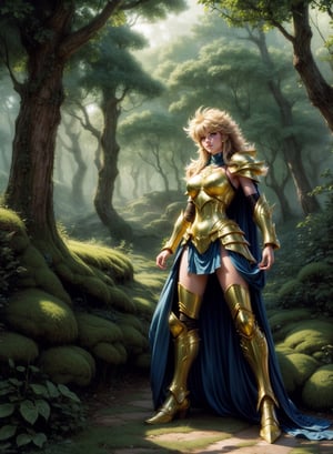A saint seiya golden armored girl by Luis Royo, greenery forest background