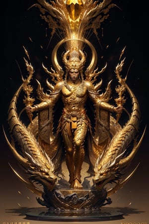 1 chinese full body God with dragon hyperdetailed dark bronze sculpture, perfect bronze face, human feet, (masterful:1.3), in the ancient style of the best chinese art, detailed and intricate, golden line, yellow crystals, glass elements, complex background, golden intricately detailed background, black color,bg_imgs,dragon