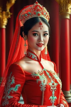 Dappled Light, portrait of a character, intricate (pencil sketch:1.5) of a vietnamese queen with the most sumptuous red wedding dress. Vietnamese royal palace background. Colorful, realistic eyes, dreamy magical atmosphere, cinematic light, side lighting, vivid color