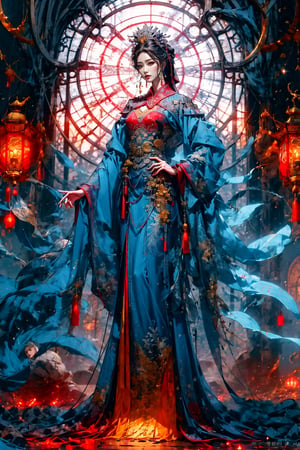 Full body shot of a character standing in majestic pose, hyper realistic representation of a fantasy chinese empress with the most sumptuous wedding hanfu dress made of black and (red:1.4) silk and richly embroidered with gold and silver threads, wide sleeves, intricately carved golden badges and tassels, dark gothic cathedral background, rock magic circle, mandala. Art by Yoshitaka Amano, Zhong Fenghua, stunning interpretive visual, gothic regal, colorful, realistic eyes, dreamy magical atmosphere, (film grain), (warm hue, warm tone), cinematic light, side lightings,zhongfenghua,horror (theme)