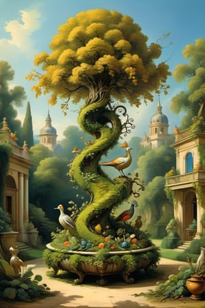 A mystical greenery garden, masterful whimsical topiary sculptures, baroque style vases, flowers, esotic birds, (multiple fantastic spirals of branches and leaves:1.9), dreamy atmosphere, golden vibes, romantic landscape. Masterpiece, rococo style, painted by Jean-Honoré Fragonard and Michael Cheval