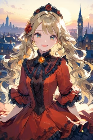 Very beautiful girl with a very ornated victorian red dress, masterpiece, illustration, extremely detailed, beautiful detailed eyes, beautiful detailed mouth, warmly smile, golden hair, (bright colors:1.4), city on background 