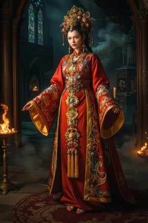 Full body shot of a character standing in majestic pose, representation of a very tall fantasy chinese empress with the most sumptuous wedding hanfu dress made of (red:1.4) silk and richly embroidered with gold and silver threads, (wide sleeves:1.2), intricately carved golden badges and tassels, golden line, dark gothic cathedral background, fire and flame and clouds of smoke. Art by Yoshitaka Amano, Zhong Fenghua, stunning interpretive visual, gothic regal, colorful, realistic eyes, dreamy magical atmosphere, (film grain), (warm hue, warm tone), cinematic light, side lightings, Midjourneyart, zhongfenghuaStyle, Midjourney_Whisper