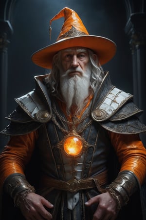 3D artwork, upper body shot of a caracter represesenting an harlequin mighty man. High elven hat shaped as a white seashell, orange mantle, shining gold jewels and silver chains. (Majestic pose:1.4), (hieratic expression:1.6), emerging from the darkness in the style of Rembrandt. The caracter wears an orange large luxury suit. The character is illuminated from the side by a dark golden light. Vibrant colors. The background is a black gothic cathedral interior dimly lit by moonlight. UHD, high resolution, 8k.