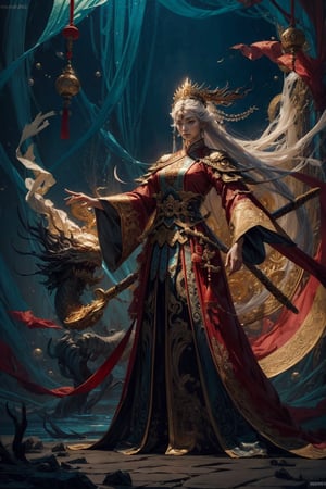 Full body shot of a character standing in majestic pose, realistic representation of a fantasy chinese empress, with the most sumptuous wedding hanfu dress made of white silk and richly embroidered with gold and silver threads, intricately carved golden badges and tassels. Under the sea background, magic circles. Art by Yoshitaka Amano, Huang Guangjian, Zhong Fenghua, stunning interpretive visual, gothic regal, colorful, realistic eyes, dreamy magical atmosphere, (film grain), (warm hue, warm tone), cinematic light, side lightings,zhongfenghua,gu,weapon