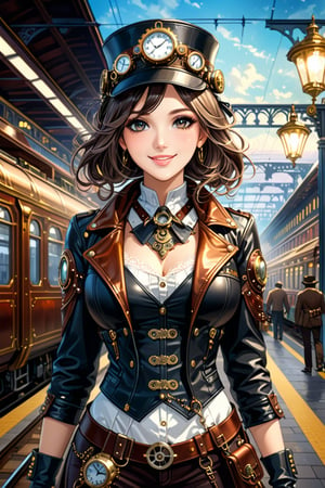 Very beautiful girl, black eyes and hair, with a steampunk leather jacket, waistcoat and hat, intricately detailed brass accessories. Masterpiece, illustration, extremely detailed, warmly smile, bright colors, dark light, railway station on background 