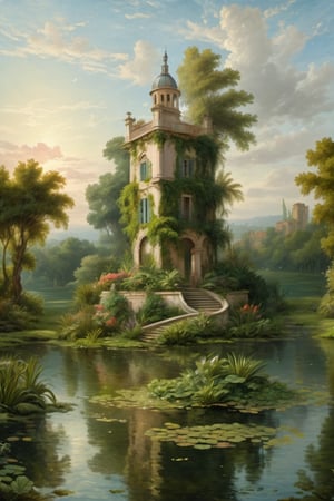 A fantastic greenery ancient garden with a pond in the center and a small French castle style tower in the center of the pond. A masterpiece painted by Claude Lorrain and Jean-Honoré Fragonard, highly detailed leaves, (surreal:1.4) atmosphere, romantic landscape,island