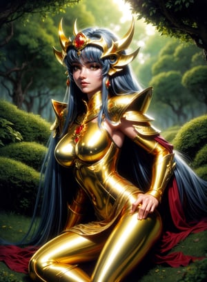 A saint seiya intricately ornated golden armored girl by Luis Royo, (shiny gold:1.6), richly jewels, precious red gems, greenery forest background