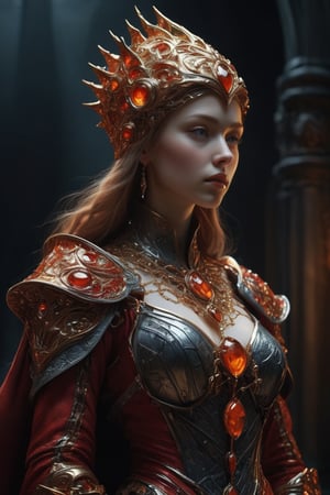 3D artwork, upper body shot represesenting a mighty female young caracter. High elven hat shaped as a red seashell, mantle, shining gold jewels and silver chains. (Majestic pose:1.4), (hieratic expression:1.6), emerging from the darkness in the style of Rembrandt. The caracter wears a white, (red and orange) large luxury dress. The character is illuminated from the side by a dark golden light. Marine vibes. Vibrant colors. The background is a black gothic cathedral interior dimly lit by moonlight. UHD, high resolution, 8k.