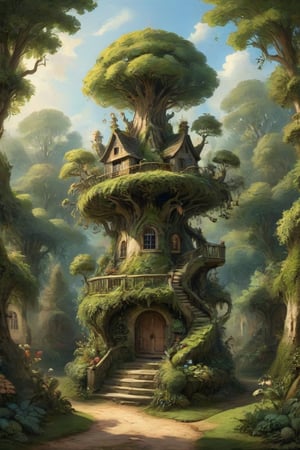 A mystical greenery garden with a treehouse in the center, masterful whimsical topiary sculptures, baroque style vases, flowers, esotic birds, (multiple fantastic spirals of branches and leaves:1.9), dreamy atmosphere, golden vibes, romantic landscape. Masterpiece, rococo style, painted by Francois Boucher and Jean-Honoré Fragonard