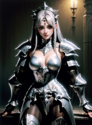 A vampire queen by Luis Royo, intricately ornated silver armor, delicate\(armor\)