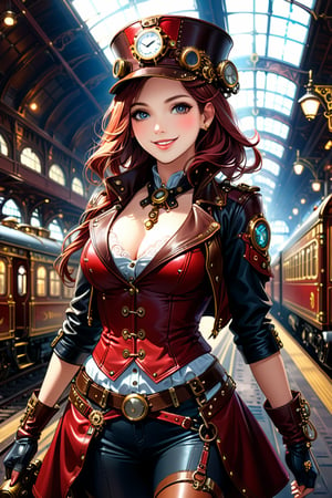 Very beautiful girl with a steampunk leather jacket, red waistcoat and hat, intricately detailed brass accessories. Masterpiece, illustration, extremely detailed, warmly smile, bright colors, dark light, railway station on background 