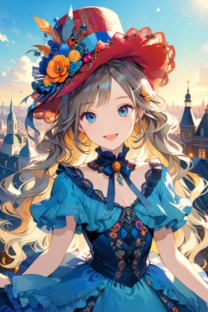 Very beautiful girl with a very ornated victorian bright blue dress, sumptuous hat, masterpiece, illustration, extremely detailed, beautiful detailed eyes, beautiful detailed mouth, warmly smile, (bright colors:1.4), city on background 