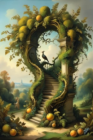 A mystical greenery garden, masterful whimsical topiary sculptures, baroque style vases, fruits, flowers, esotic birds, (multiple fantastic spirals of branches and leaves:1.9), dreamy atmosphere, golden vibes, romantic landscape. Masterpiece, rococo style, painted by Jean-Honoré Fragonard and Esao Andrews
