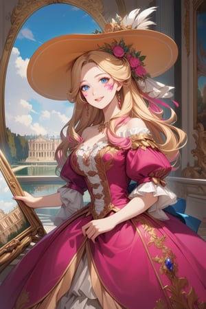 Very beautiful girl wearing a sumptuous fuchsia and pale orange dress, wide brimmed hat, illustration, detailed, beautiful detailed blue eyes, (beautiful detailed face:1.6), blonde hair, warmly smile, she is showing a painting of hers, Versailles background. Rococo oil paint