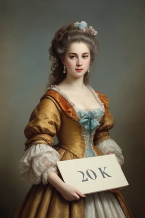 Very beautiful girl holding a white board with big text "20K". Rococo oil paint, bright colors, text as ""