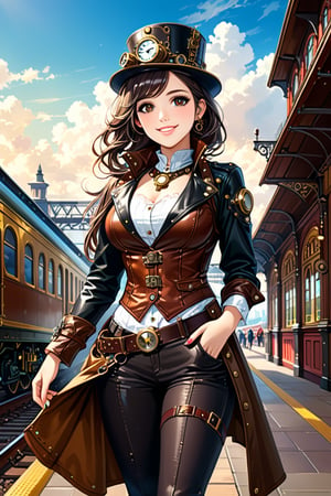 Very beautiful girl, black eyes and hair, with a steampunk leather jacket, waistcoat and hat, intricately detailed brass accessories. Masterpiece, illustration, extremely detailed, warmly smile, bright colors, railway station on background 