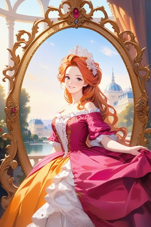 Very beautiful girl wearing a sumptuous fuchsia and pale orange dress, illustration, detailed, realistic, UHD, beautiful detailed eyes, beautiful detailed, orange hair, warmly smile, she is showing a painting of hers, Versailles background. Rococo oil paint