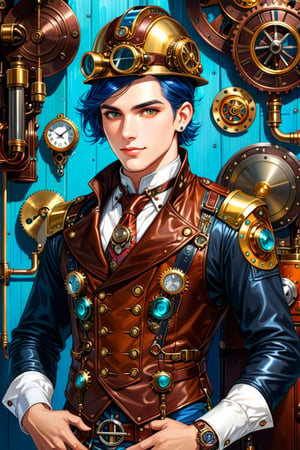 Very skilled industrial mechanic boy, with a steampunk leather double-breasted jacket, waistcoat and helmet, intricately detailed brass accessories. Masterpiece, illustration, extremely detailed, bright colors, industrial background 