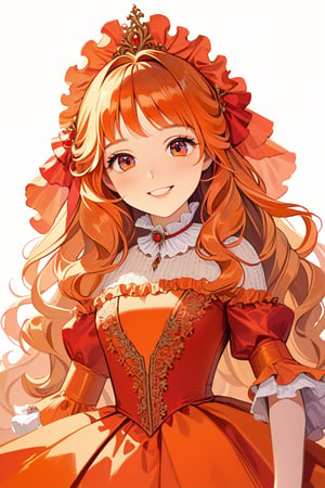 Very beautiful girl wearing a sumptuous orange and red dress, illustration, detailed, realistic, UHD, beautiful detailed eyes, beautiful detailed, Warmly smile. Rococo oil paint