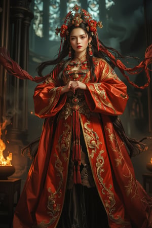 Full body shot of a character standing in majestic pose, representation of a very tall fantasy chinese empress with the most sumptuous wedding hanfu dress made of (red:1.4) silk and richly embroidered with gold and silver threads, (wide sleeves:1.2), intricately carved golden badges and tassels, golden line, dark gothic cathedral background, fire and flame and clouds of smoke. Art by Yoshitaka Amano, Zhong Fenghua, stunning interpretive visual, gothic regal, colorful, realistic eyes, dreamy magical atmosphere, (film grain), (warm hue, warm tone), cinematic light, side lightings, Midjourneyart, zhongfenghuaStyle, Midjourney_Whisper