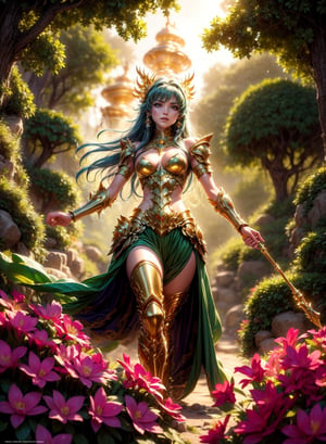 A saint seiya armored girl by Luis Royo, intricately ornated golden armor with precious ruby gems, (small breast), shiny gold, richly jeweled, greenery forest background, bright rainbow colored flowers