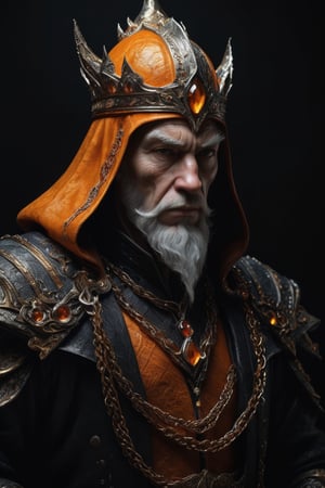 3D artwork, upper body shot of a caracter represesenting an harlequin mighty man. High elven hat shaped as a white seashell, orange mantle, shining gold jewels and silver chains. (Majestic pose:1.4), (hieratic expression:1.6), emerging from the darkness in the style of Rembrandt. The caracter wears an orange large luxury suit. The character is illuminated from the side by a dark golden light. Vibrant colors. The background is a black gothic cathedral interior dimly lit by moonlight. UHD, high resolution, 8k.