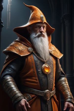 3D artwork, upper body shot of a caracter represesenting a mighty man. High elven hat shaped as a seashell, orange mantle, shining gold jewels and silver chains. (Majestic pose:1.4), (hieratic expression:1.6), emerging from the darkness in the style of Rembrandt. The caracter wears an orange large luxury suit. The character is illuminated from the side by a dark golden light. Vibrant colors. The background is a black gothic cathedral interior dimly lit by moonlight. UHD, high resolution, 8k.