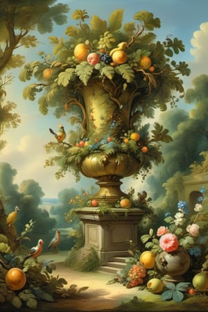 A mystical greenery garden, masterful whimsical topiary sculptures, baroque style vases, fruits, flowers, esotic birds, (multiple fantastic spirals of branches and leaves:1.6), dreamy atmosphere, golden vibes, romantic landscape. Masterpiece, rococo style, painted by Jean-Honoré Fragonard